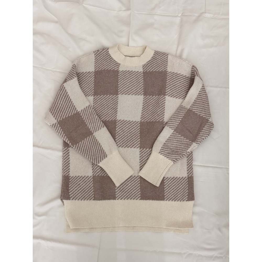 Abercrombie & Fitch Buffalo Check Plaid Crewneck Sweater Taupe Cream Small